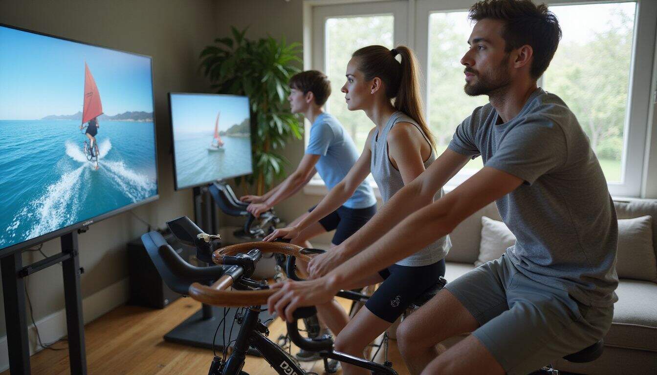 A group of young adults participates in virtual cycling and sailing activities in a cozy, modern living room. A group of young adults participates in virtual cycling and sailing activities in a cozy, modern living room.