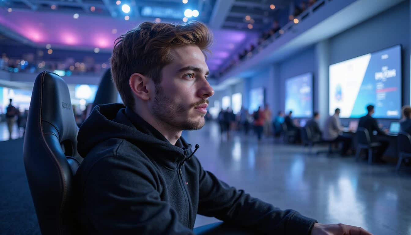 A young man intensely concentrates at a gaming station in a vibrant esports arena during the 2027 Olympic Esports Games. A young man intensely concentrates at a gaming station in a vibrant esports arena during the 2027 Olympic Esports Games.