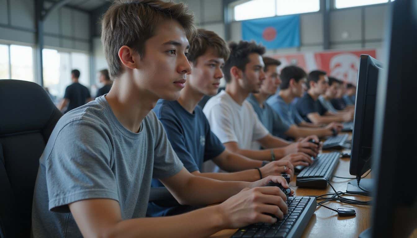 A group of focused gamers competes at the 2027 Olympic Esports Series in a spacious, inclusive venue. A group of focused gamers competes at the 2027 Olympic Esports Series in a spacious, inclusive venue.