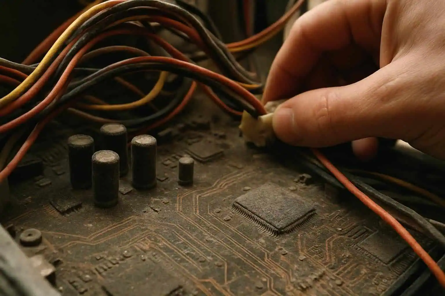 A close-up of a dusty computer motherboard with tangled cables and signs of wear reveals an unmaintained workstation. A close-up of a dusty computer motherboard with tangled cables and signs of wear reveals an unmaintained workstation.