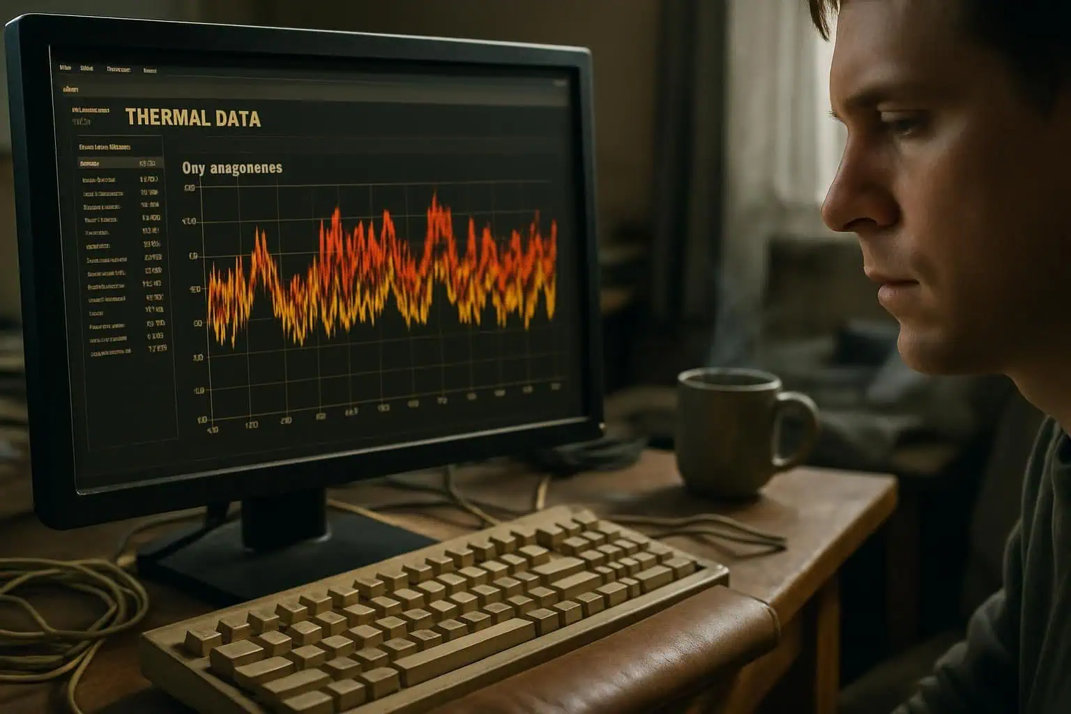 A computer monitor displays a CPU temperature graph on a cluttered desk with aged accessories and a focused person nearby. A computer monitor displays a CPU temperature graph on a cluttered desk with aged accessories and a focused person nearby.