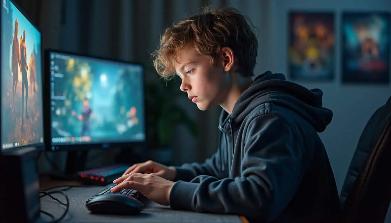 A teenage boy carefully cleans his high-end gaming PC at a sleek desk surrounded by gaming accessories and posters. A teenage boy carefully cleans his high-end gaming PC at a sleek desk surrounded by gaming accessories and posters.