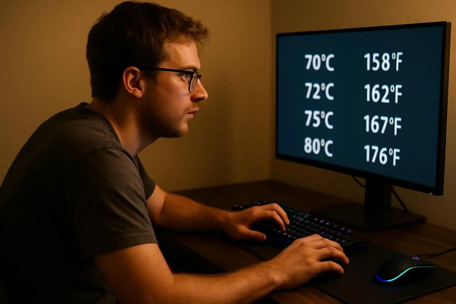 A man in a dark t-shirt focuses intently on a computer monitor displaying CPU temperatures during a gaming session. A man in a dark t-shirt focuses intently on a computer monitor displaying CPU temperatures during a gaming session.
