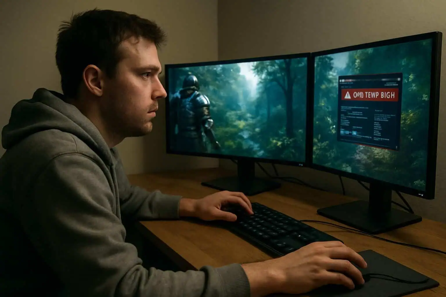 A young man focuses intently on gaming graphics while sitting at a wooden desk with three computer monitors displaying a warning. A young man focuses intently on gaming graphics while sitting at a wooden desk with three computer monitors displaying a warning.