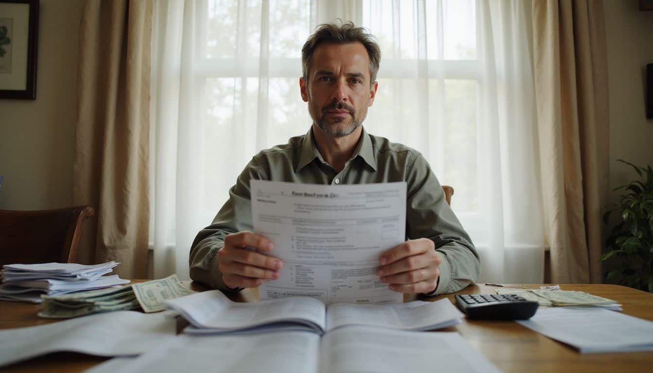 A middle-aged man examines a W-2G form amidst scattered lottery tickets and tax documents at a cluttered kitchen table.