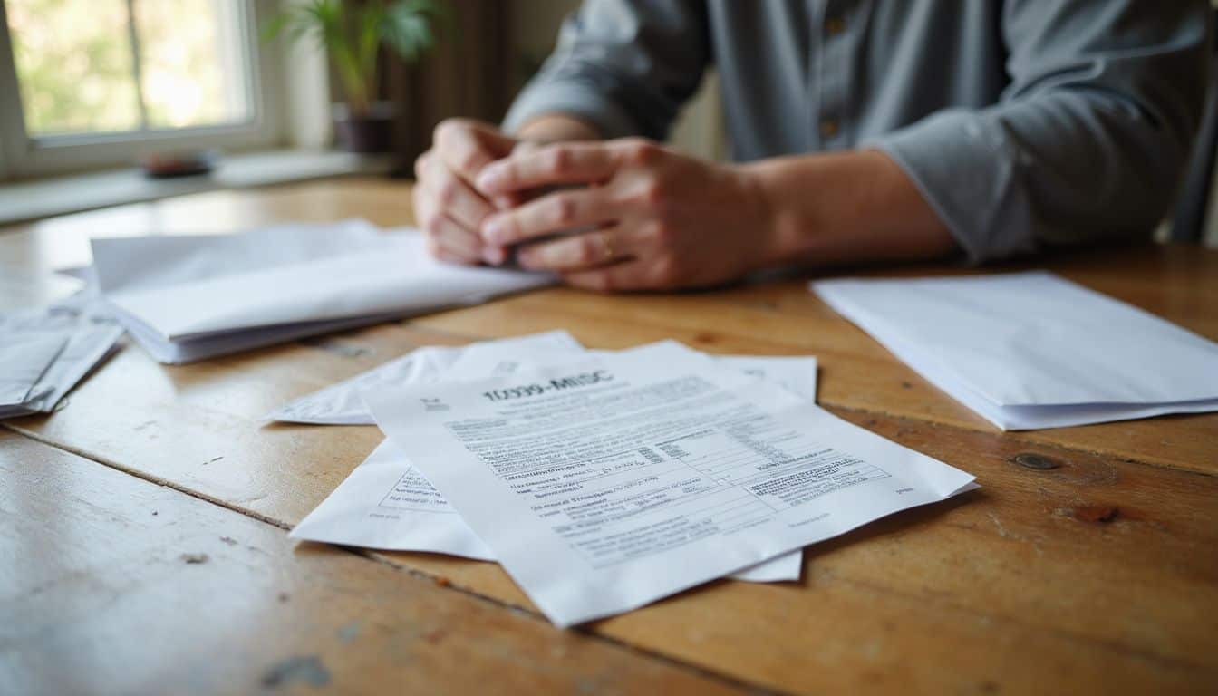 A cluttered wooden dining table displays unopened envelopes and a crumpled IRS Form 1099-MISC amidst everyday life.