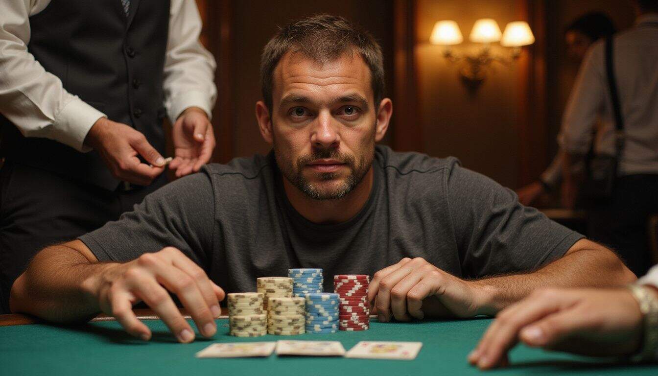A focused man in his 30s sits at a poker table, surrounded by chips and cards, during a high-stakes game.