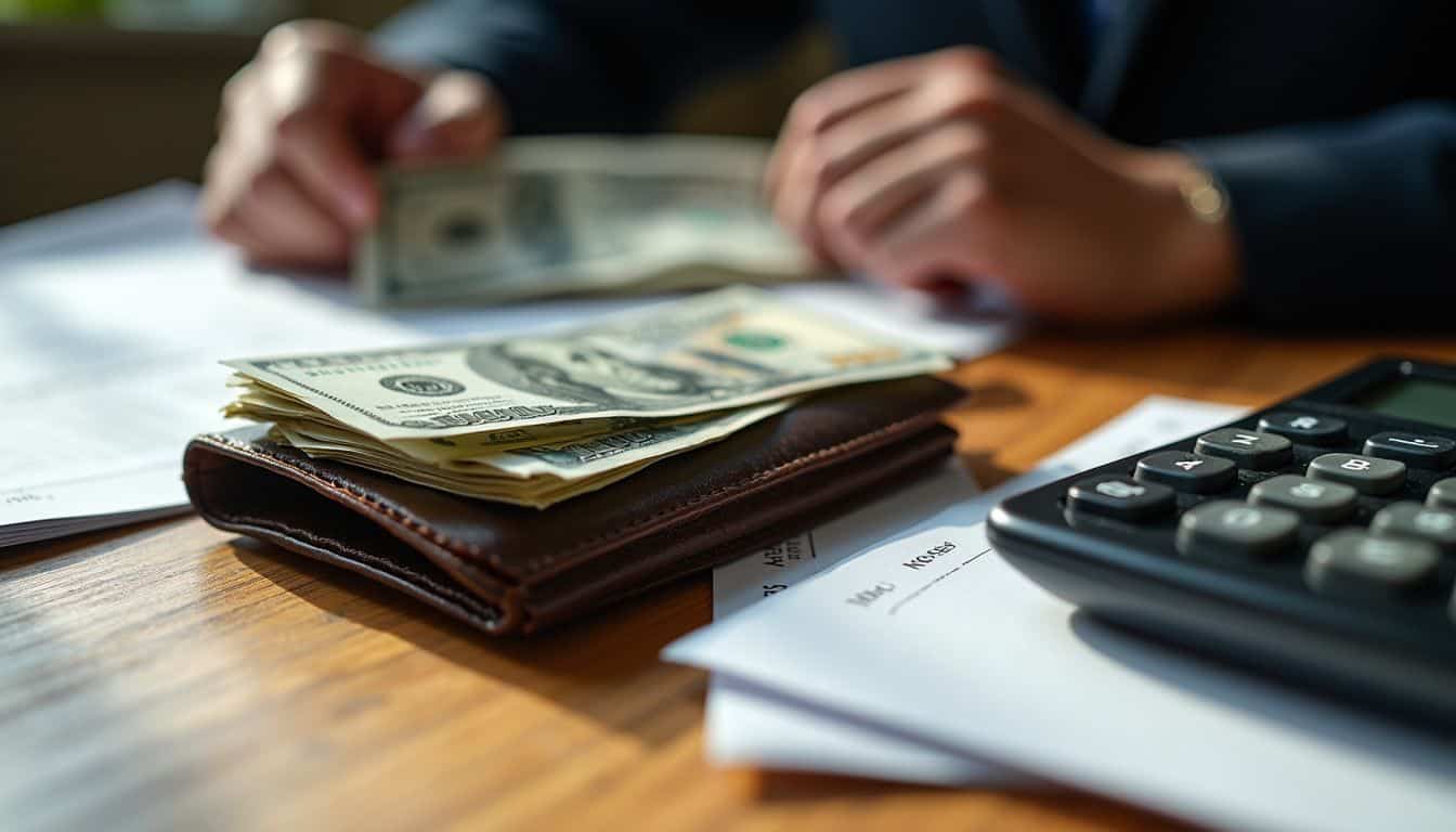 A worn leather wallet, cash, tax documents, and a calculator suggest contemplation of federal taxes on winnings.