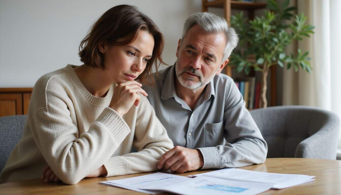 A middle-aged couple closely examines financial documents at a wooden dining table in their cozy living room.