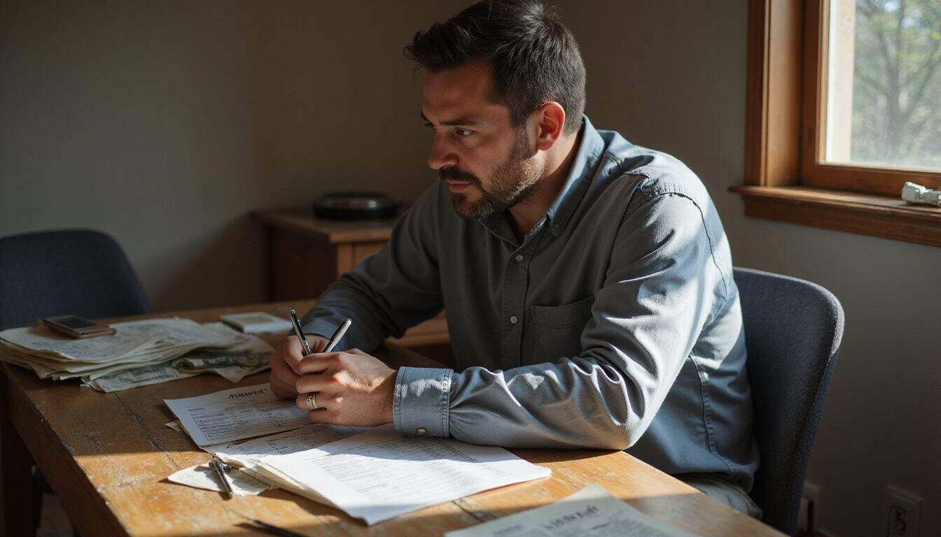 A man in his mid-40s sits at a cluttered desk, focused on filling out an IRS tax form.