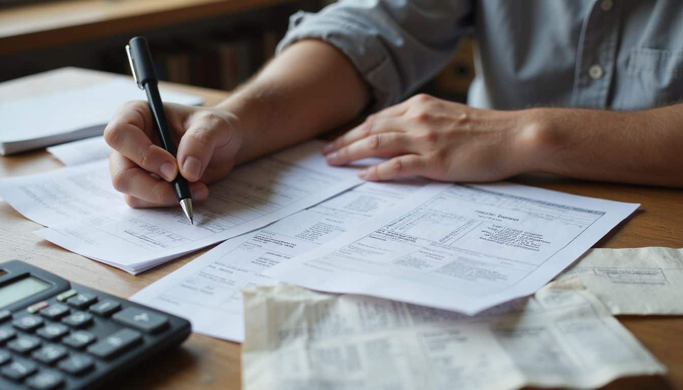 A person prepares tax forms on a cluttered wooden desk, surrounded by receipts and a calculator.
