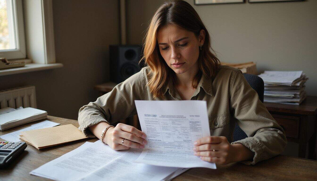 A woman is anxiously reviewing a Form 1099-MISC at a cluttered desk, reflecting her concern over unexpected tax responsibilities.
