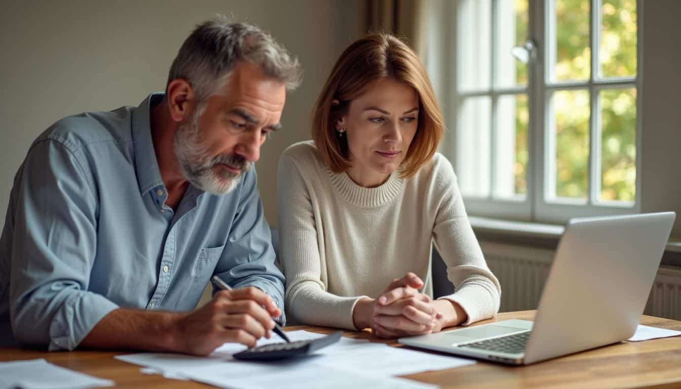 A middle-aged couple discusses complex financial decisions at a polished wooden dining table, surrounded by scattered documents and calculators.