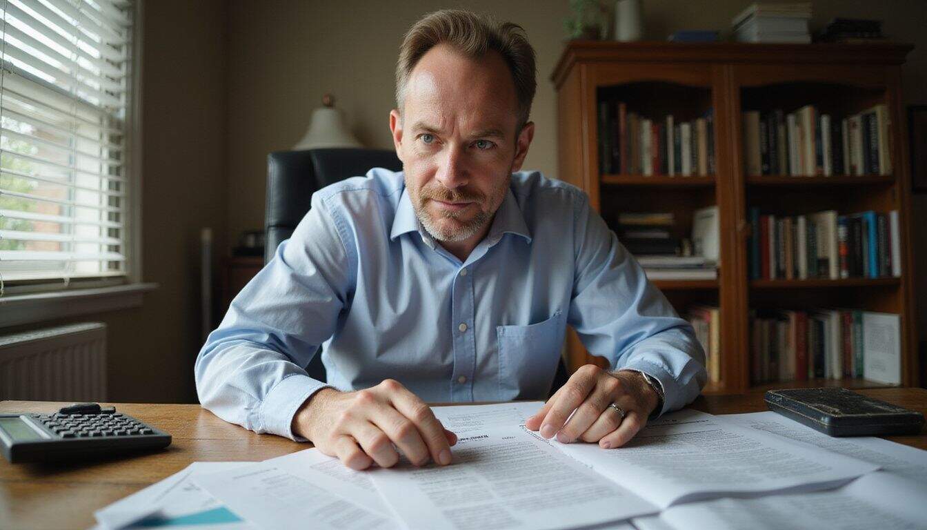 A middle-aged man intensely reviews tax documents at a cluttered wooden desk in a cozy home office.