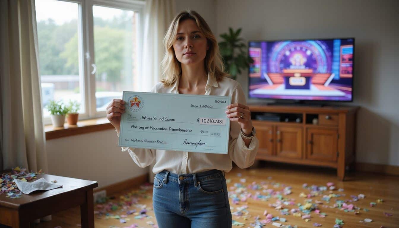 A woman joyfully holds a large novelty check amidst confetti, with a crumpled Powerball ticket nearby.