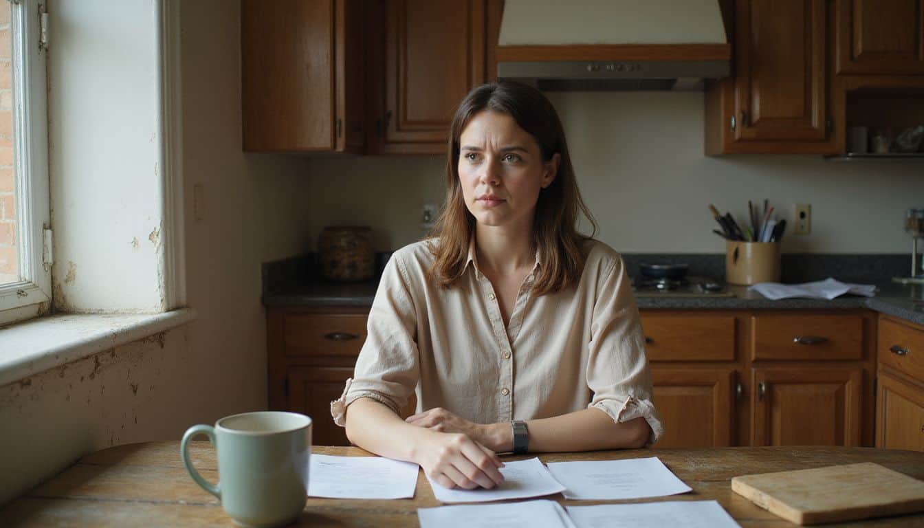 A woman sits at a cluttered kitchen table, visibly frustrated while reviewing scattered papers.