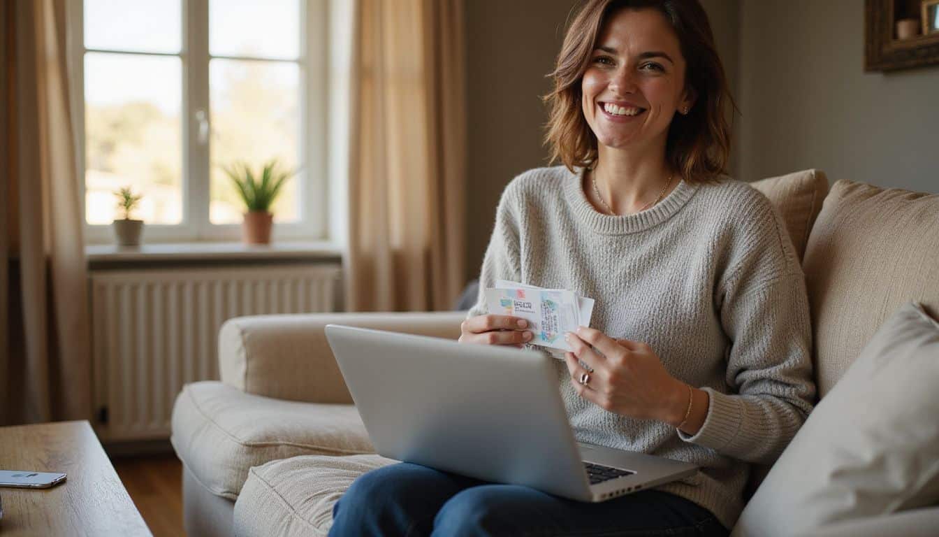 A woman in her 30s relaxes on a sofa, holding gift cards, a laptop, and an itinerary.