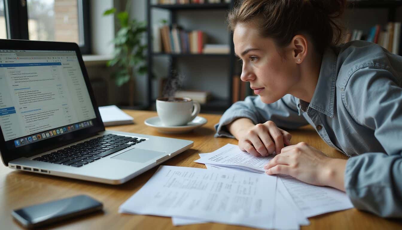 A focused individual navigates tax software on a cluttered home office desk with notes and coffee nearby.