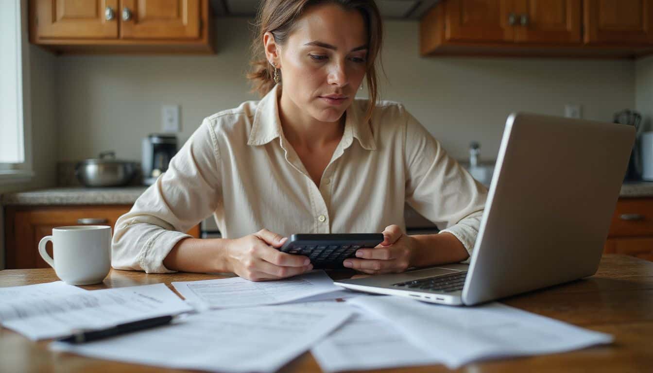 A woman in her 30s studies financial documents and uses a calculator at a cluttered kitchen table.