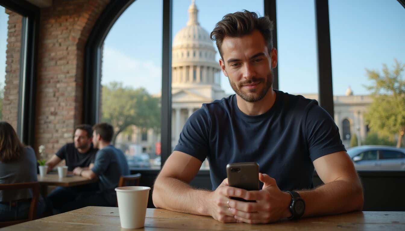 A man in a coffee shop focuses on his smartphone with the Texas Capitol visible through the window behind him.