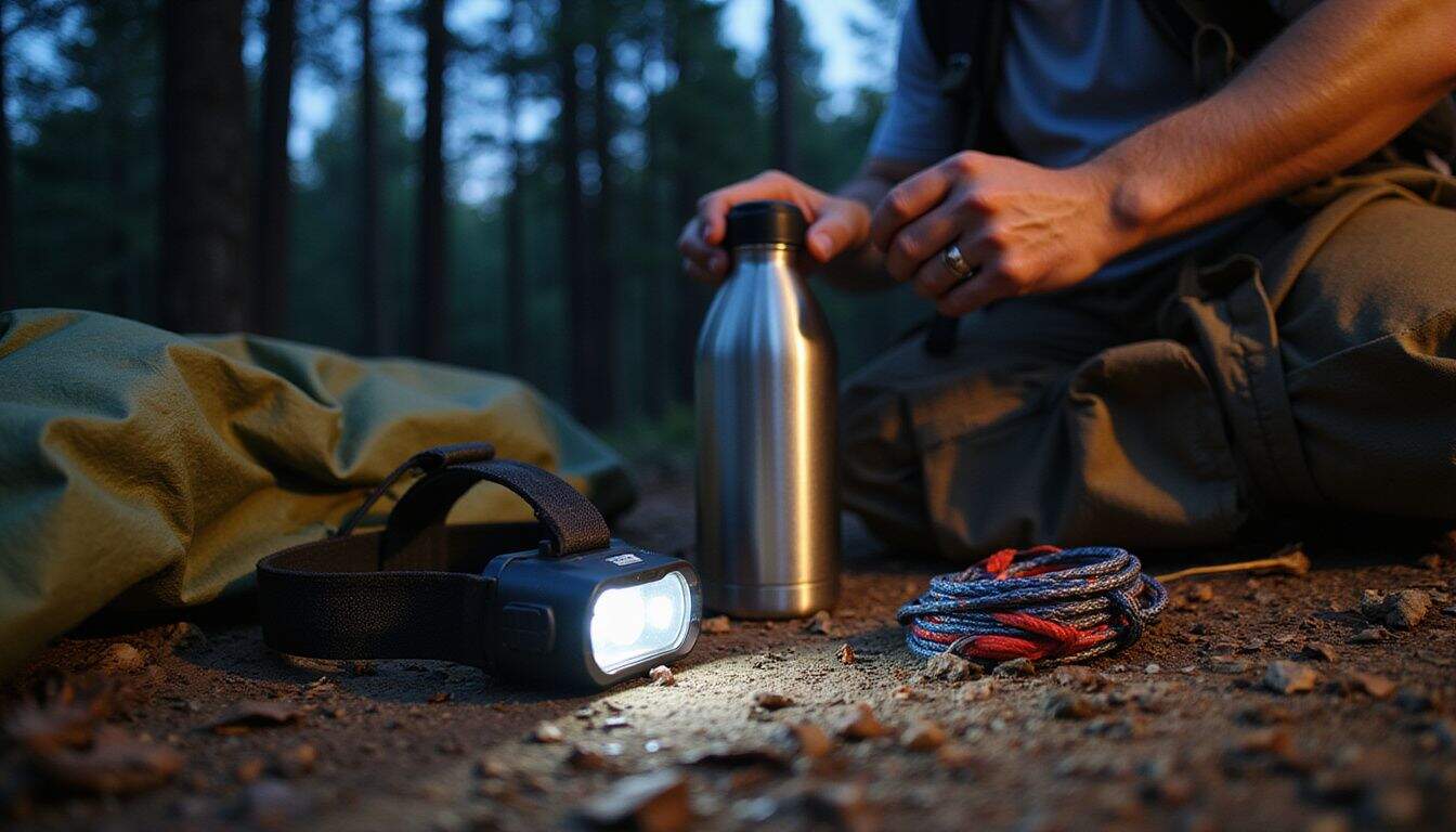A rugged headlamp rests on forest ground surrounded by camping gear as a person adjusts its brightness. A rugged headlamp rests on forest ground surrounded by camping gear as a person adjusts its brightness.