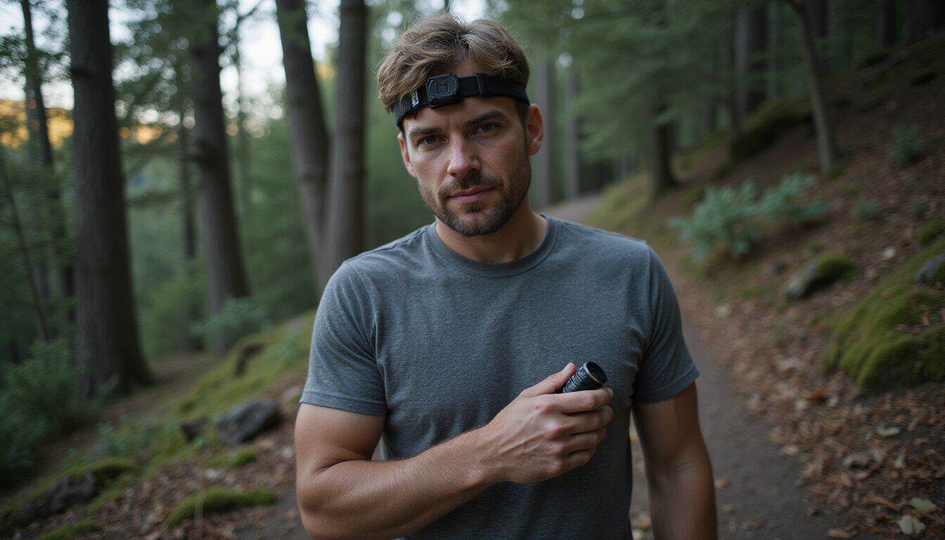 A hiker adjusts his headlamp while navigating a narrow forest trail, showcasing determination and resourcefulness during an extended hike. A hiker adjusts his headlamp while navigating a narrow forest trail, showcasing determination and resourcefulness during an extended hike.