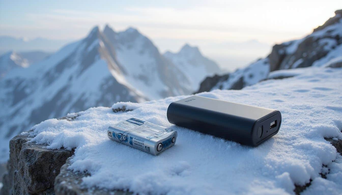 A rechargeable battery pack and alkaline batteries rest on a snowy mountain ledge, surrounded by rugged rock formations. A rechargeable battery pack and alkaline batteries rest on a snowy mountain ledge, surrounded by rugged rock formations.