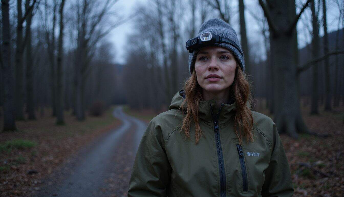 A woman in a weathered jacket hikes a narrow forest trail, adjusting her headlamp amidst cool dusk temperatures. A woman in a weathered jacket hikes a narrow forest trail, adjusting her headlamp amidst cool dusk temperatures.