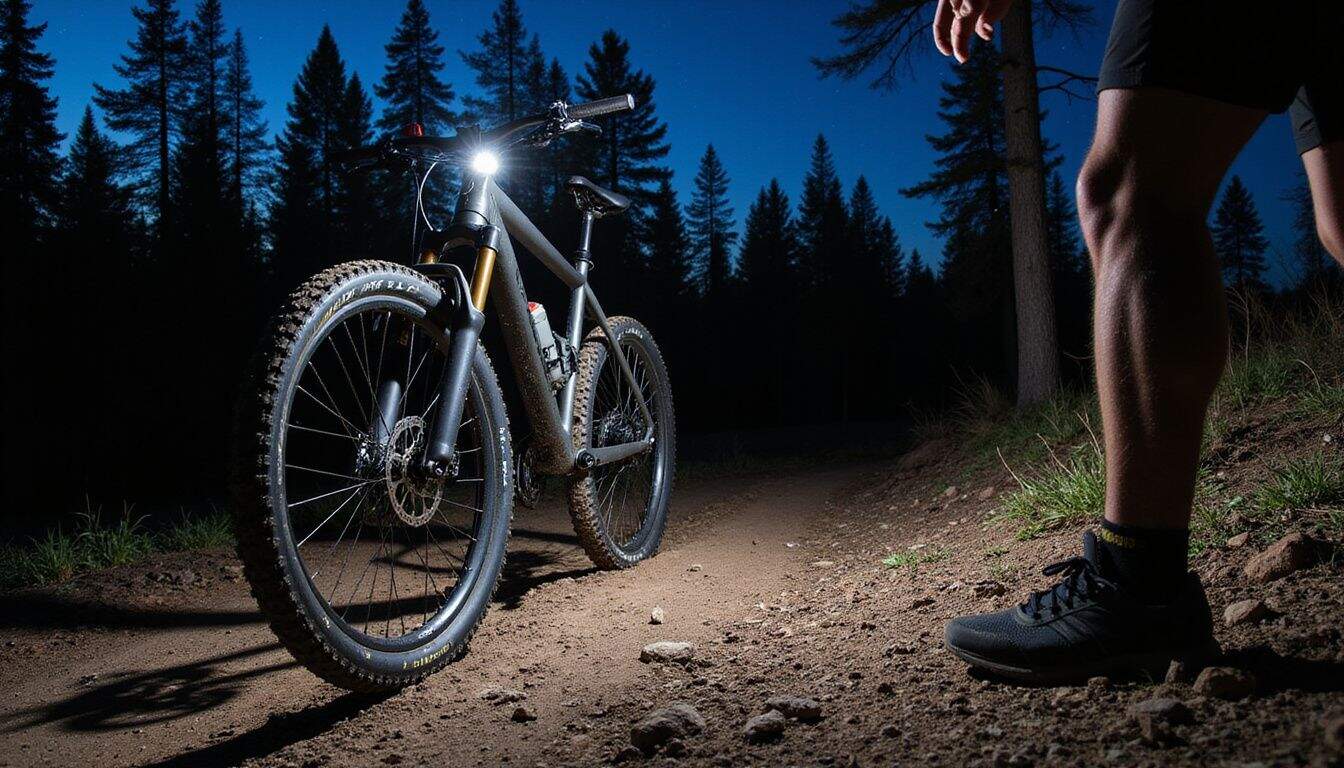 A rugged mountain bike stands on a rocky trail, surrounded by towering pines under a starry night sky. A rugged mountain bike stands on a rocky trail, surrounded by towering pines under a starry night sky.