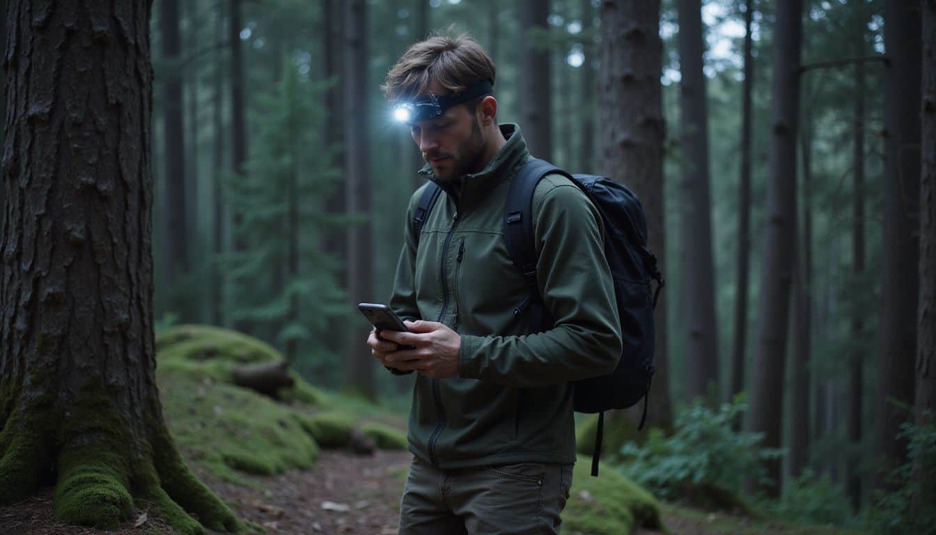 A man in a forest wears a hiking jacket and adjusts his smartphone while surrounded by tall trees. A man in a forest wears a hiking jacket and adjusts his smartphone while surrounded by tall trees.