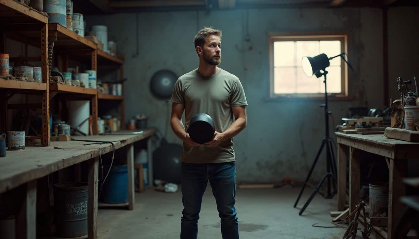 A man stands in a cluttered garage, holding a spotlight and floodlight amidst tools and paint cans. A man stands in a cluttered garage, holding a spotlight and floodlight amidst tools and paint cans.
