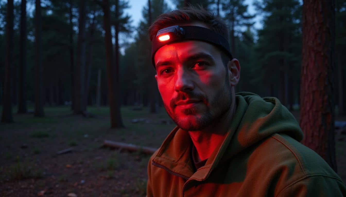 A focused man in an olive-green fleece jacket stands outdoors among pine trees during a camping trip. A focused man in an olive-green fleece jacket stands outdoors among pine trees during a camping trip.