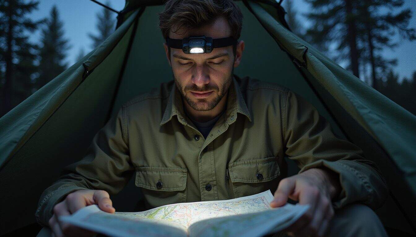 A man in a flannel shirt studies a map inside an olive-green tent, displaying focus and determination. A man in a flannel shirt studies a map inside an olive-green tent, displaying focus and determination.