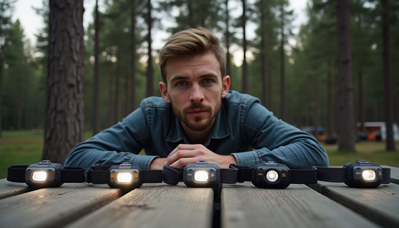 A man examines various headlamp models displayed on a weathered picnic table surrounded by trees and a blurred campsite. A man examines various headlamp models displayed on a weathered picnic table surrounded by trees and a blurred campsite.