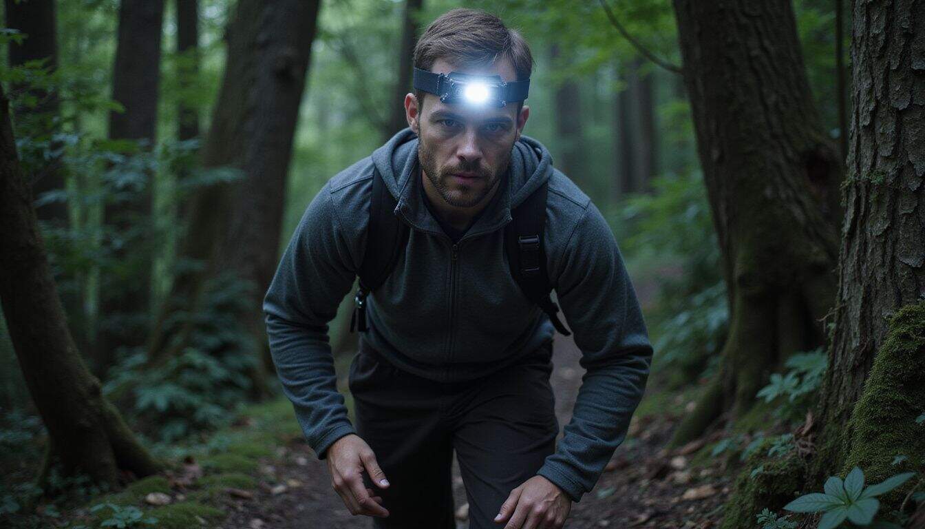 A focused man navigates a challenging forest trail during a critical search and rescue operation. A focused man navigates a challenging forest trail during a critical search and rescue operation.