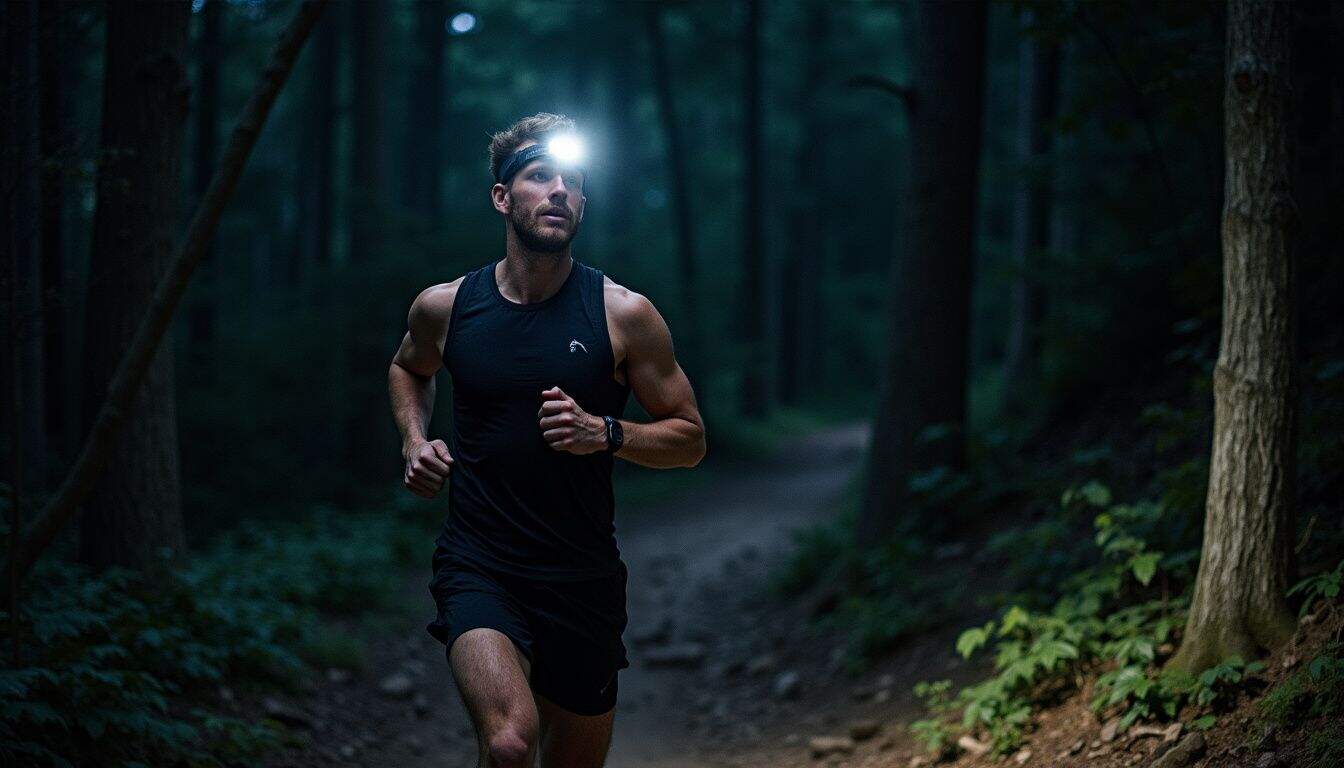 A determined runner navigates a rugged forest trail at night, surrounded by jagged rocks and fallen leaves. A determined runner navigates a rugged forest trail at night, surrounded by jagged rocks and fallen leaves.