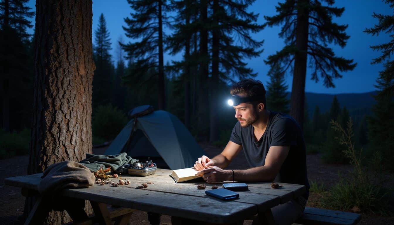 A person adjusts camping equipment at a tranquil campsite surrounded by towering pine trees and scattered gear. A person adjusts camping equipment at a tranquil campsite surrounded by towering pine trees and scattered gear.
