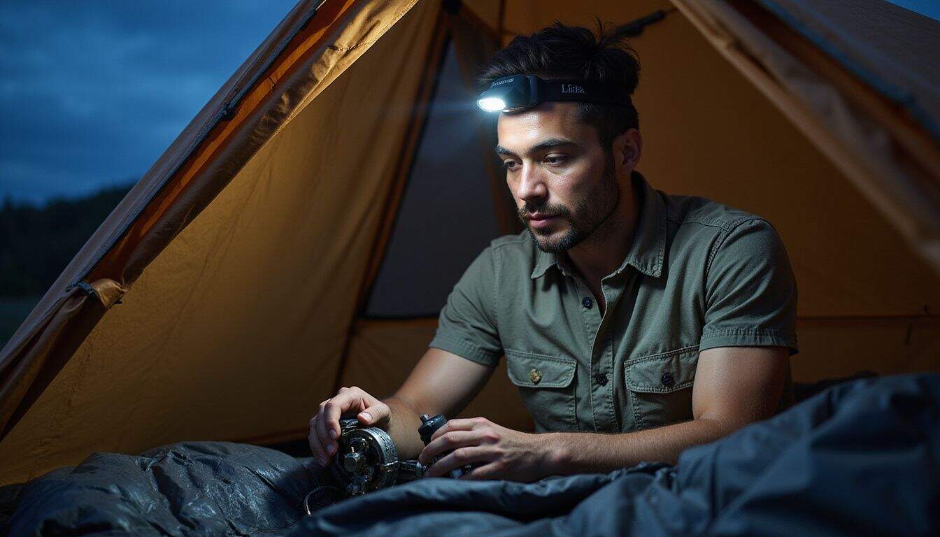 A focused man repairs mechanical gear inside a camping tent, showcasing determination amidst a serene night in the wilderness. A focused man repairs mechanical gear inside a camping tent, showcasing determination amidst a serene night in the wilderness.