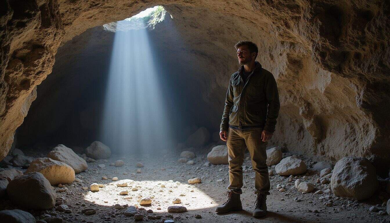 A person stands alert in a rugged underground cave, surrounded by intricate rock formations and a rocky floor. A person stands alert in a rugged underground cave, surrounded by intricate rock formations and a rocky floor.