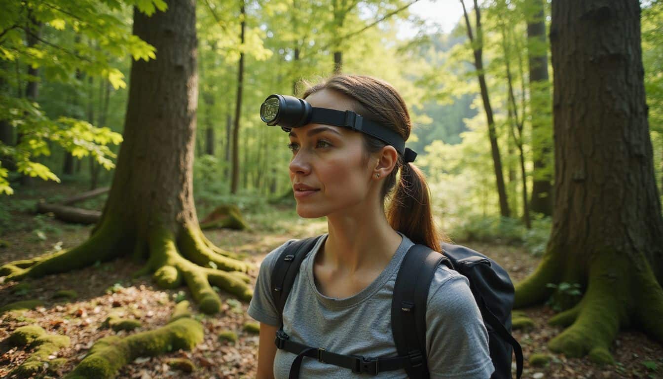 A focused woman in a gray hiking shirt navigates through a dense forest filled with vibrant greenery and textured bark. A focused woman in a gray hiking shirt navigates through a dense forest filled with vibrant greenery and textured bark.