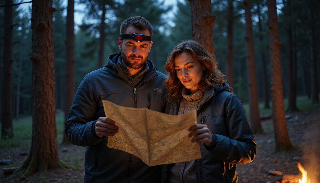 A couple examines a map together at a secluded forest campsite under the night sky. A couple examines a map together at a secluded forest campsite under the night sky.