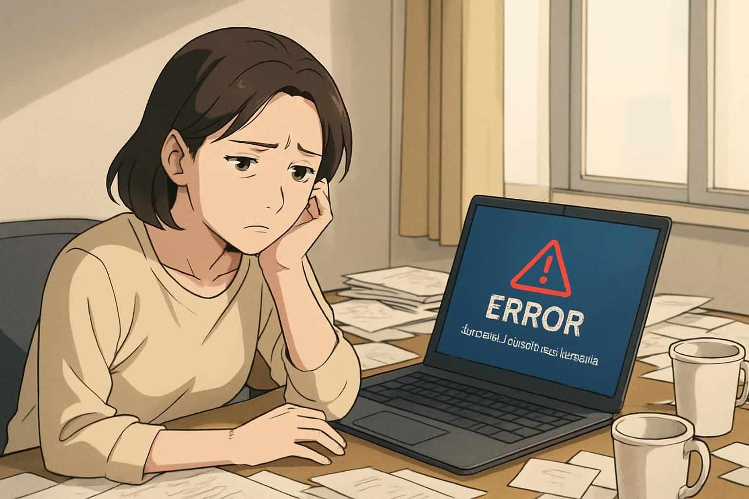 A frustrated woman in her 30s sits at a cluttered desk, struggling with a laptop error while adding a gift card. A frustrated woman in her 30s sits at a cluttered desk, struggling with a laptop error while adding a gift card.