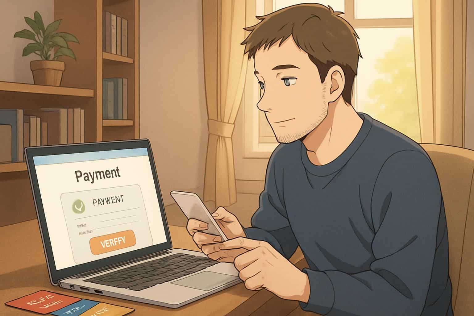 A young man in a cozy home office navigates a payment app while surrounded by gift cards, showing focused satisfaction. A young man in a cozy home office navigates a payment app while surrounded by gift cards, showing focused satisfaction.