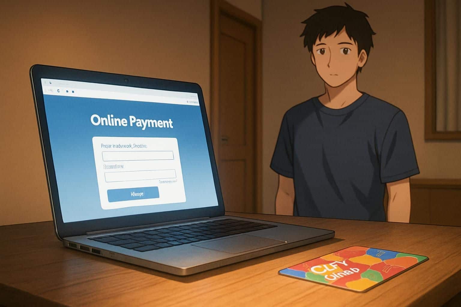 A cozy anime scene features a glowing laptop displaying a payment site and a colorful gift card on a wooden desk. A cozy anime scene features a glowing laptop displaying a payment site and a colorful gift card on a wooden desk.