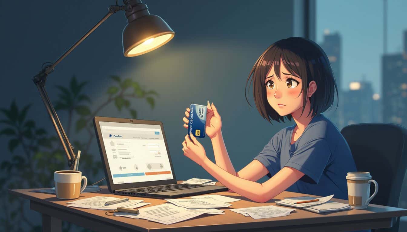 A woman in her 30s sits at a cluttered desk, puzzled over a Visa gift card and a PayPal setup. A woman in her 30s sits at a cluttered desk, puzzled over a Visa gift card and a PayPal setup.