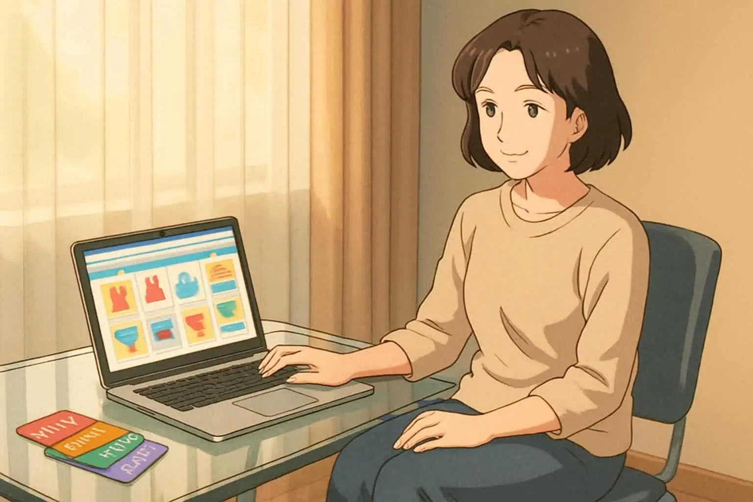 A woman in her 30s relaxes on a chair while browsing vibrant online shopping sites on her laptop. A woman in her 30s relaxes on a chair while browsing vibrant online shopping sites on her laptop.