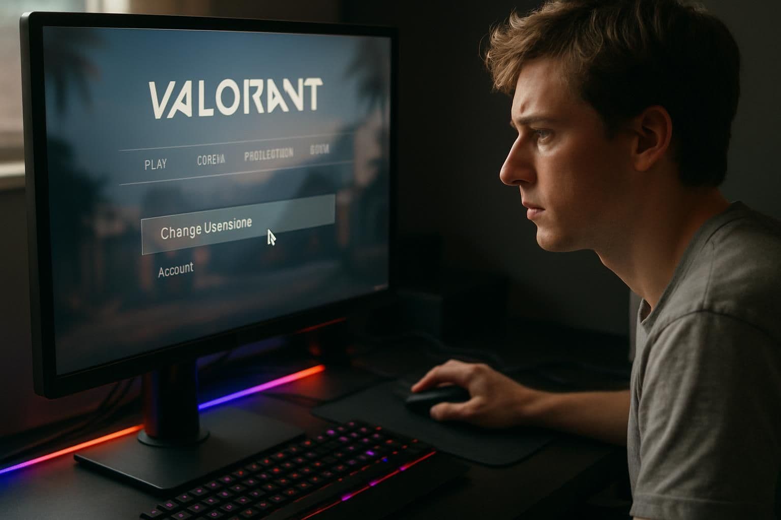 A gamer intensely focuses on the Valorant game interface, surrounded by a stylish and organized gaming setup. A gamer intensely focuses on the Valorant game interface, surrounded by a stylish and organized gaming setup.