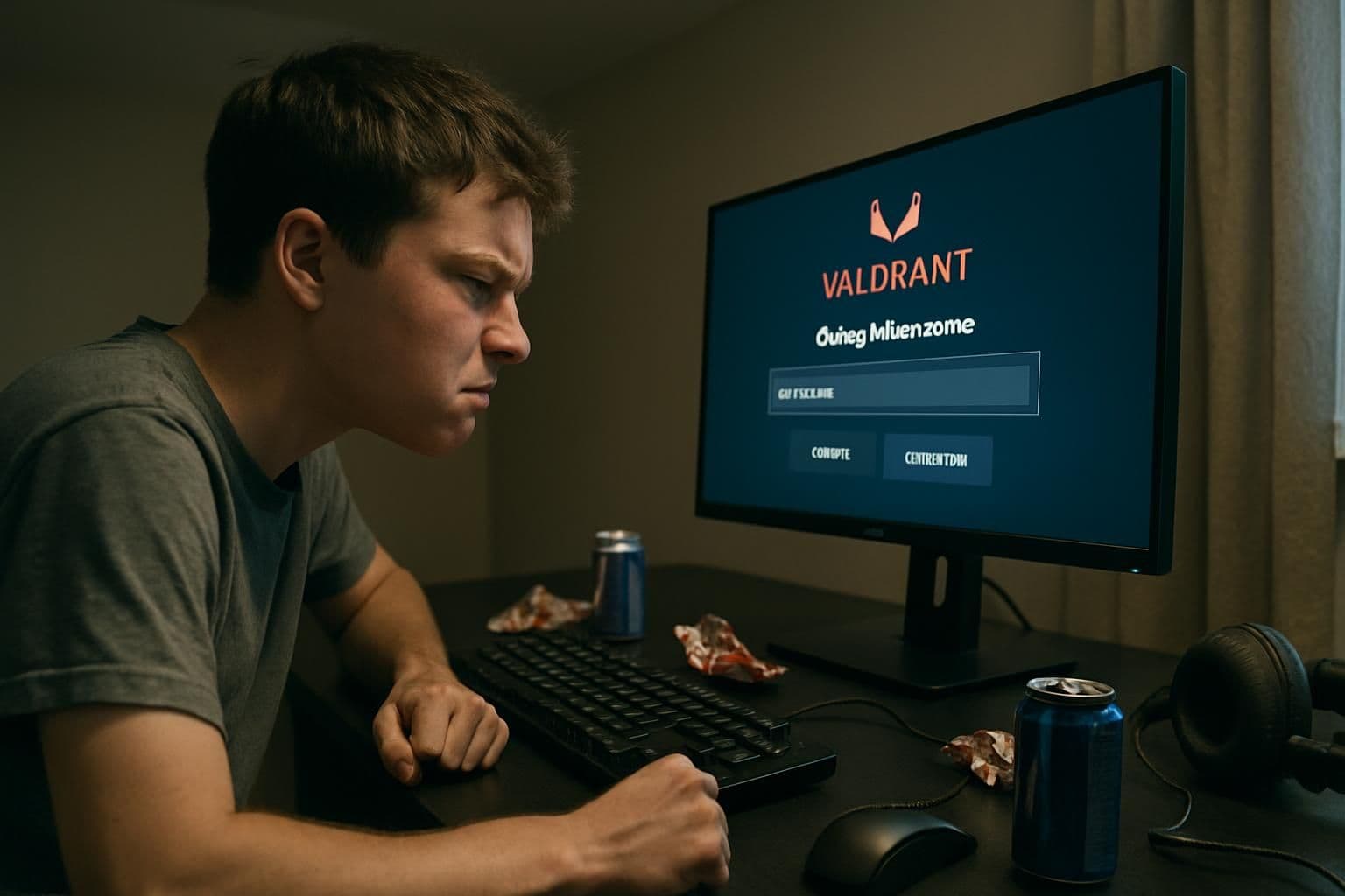 A frustrated teenage boy focuses on changing his Valorant username at a cluttered gaming desk. A frustrated teenage boy focuses on changing his Valorant username at a cluttered gaming desk.