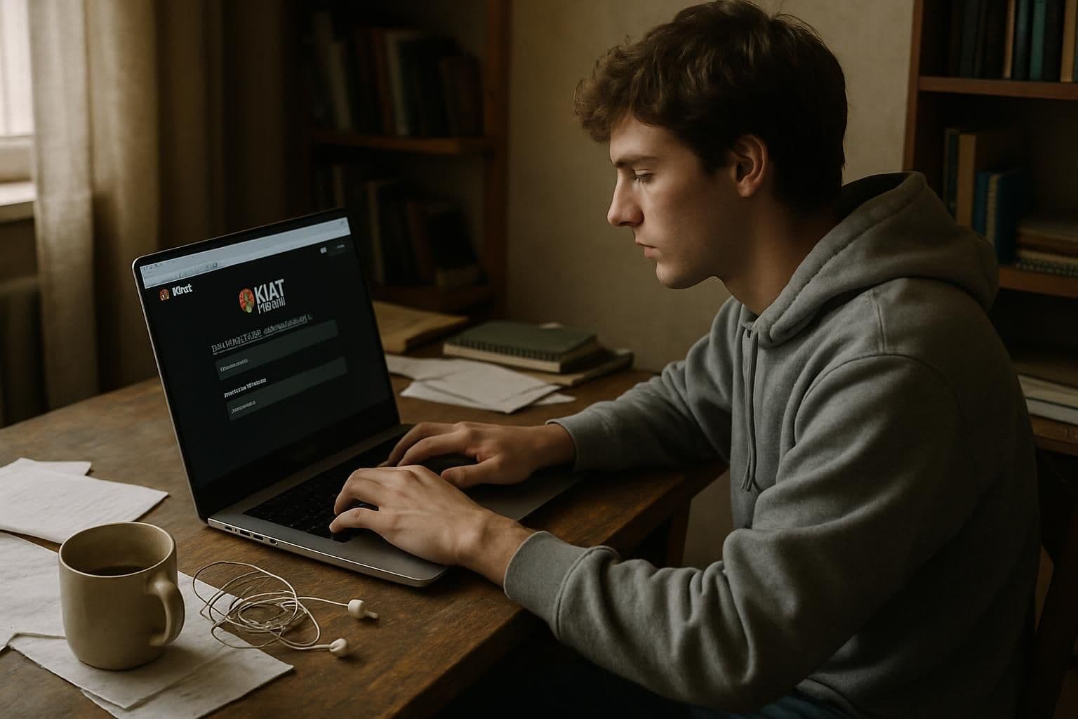 A young adult sits at a cluttered desk, focused on entering a username on a laptop for Valorant. A young adult sits at a cluttered desk, focused on entering a username on a laptop for Valorant.