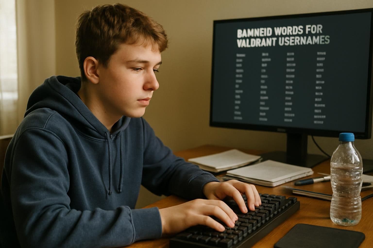 A teenage boy in a hoodie concentrates on a keyboard while viewing a list of banned words on a monitor. A teenage boy in a hoodie concentrates on a keyboard while viewing a list of banned words on a monitor.
